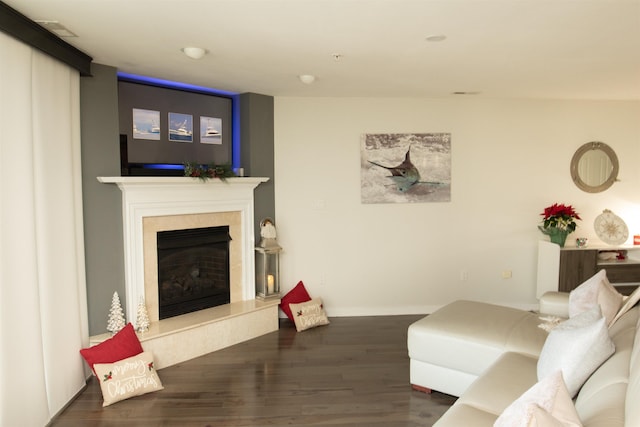 living area featuring dark wood-type flooring, baseboards, and a premium fireplace