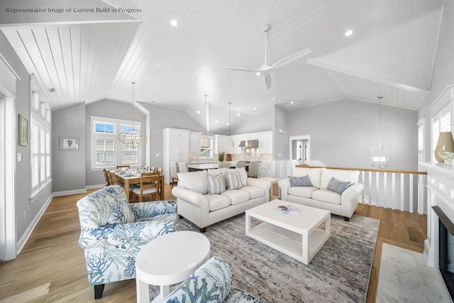 288 86th St, Stone Harbor, NJ 08247 - living area featuring lofted ceiling, a chandelier, light wood-style floors, wood ceiling, and recessed lighting