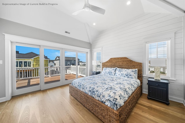 288 86th St, Stone Harbor, NJ 08247 - bedroom featuring vaulted ceiling, access to outside, wood finished floors, wood walls, and a ceiling fan