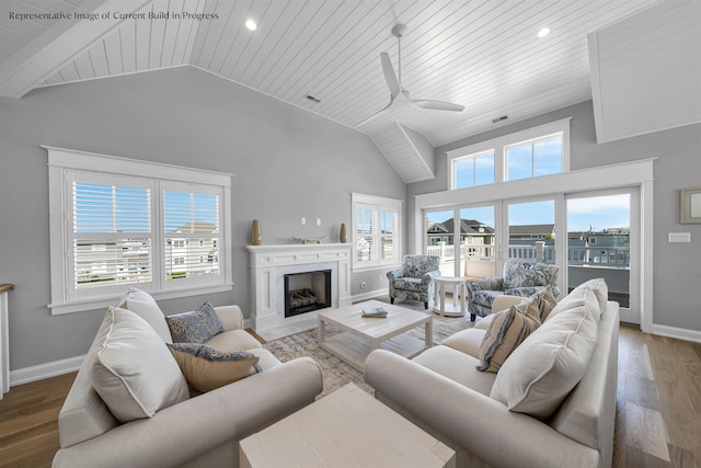 288 86th St, Stone Harbor, NJ 08247 - living room featuring wood finished floors, wood ceiling, a ceiling fan, high vaulted ceiling, and recessed lighting