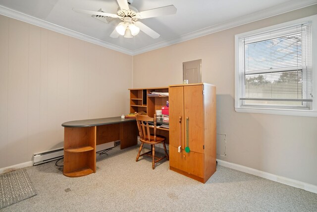 38 Stanhope Rd, Marmora, NJ 08223 - office featuring crown molding, ceiling fan, a baseboard radiator, and carpet