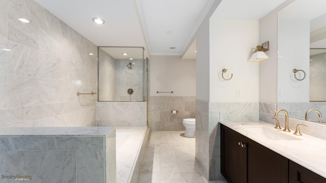 full bathroom featuring a walk in shower, toilet, vanity, tile walls, and marble finish floor