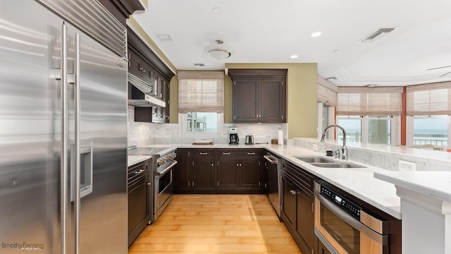 kitchen with visible vents, decorative backsplash, high end appliances, light wood-style flooring, and a sink