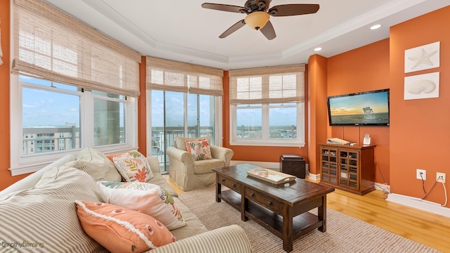 living room featuring baseboards, a raised ceiling, a wealth of natural light, and wood finished floors