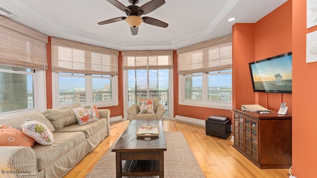 sunroom / solarium featuring visible vents and ceiling fan