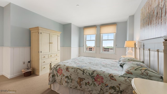 bedroom featuring wainscoting and light carpet