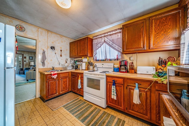 kitchen with fridge, sink, light carpet, and electric range