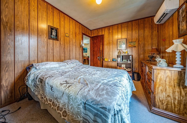 carpeted bedroom featuring crown molding, wooden walls, and an AC wall unit