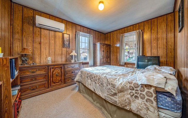 bedroom featuring light carpet, a wall mounted air conditioner, and wooden walls