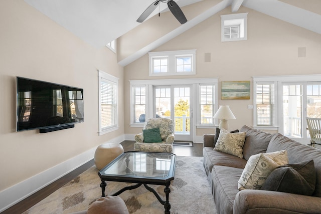 living room with ceiling fan, wood-type flooring, beam ceiling, and high vaulted ceiling