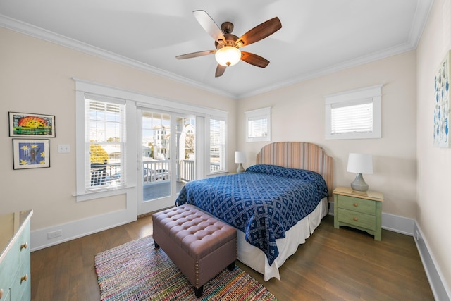 bedroom featuring crown molding, ceiling fan, dark hardwood / wood-style flooring, and access to outside