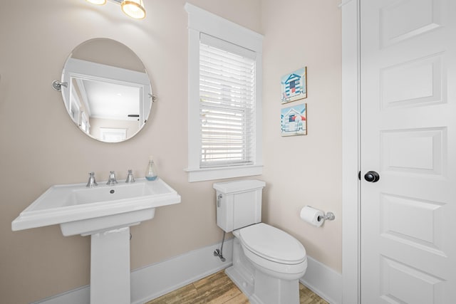 bathroom with wood-type flooring and toilet