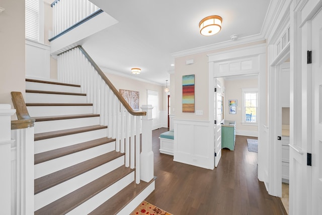 foyer with crown molding and dark hardwood / wood-style floors