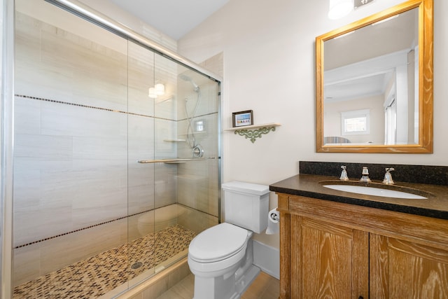 bathroom with vanity, toilet, and an enclosed shower