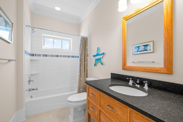 full bathroom featuring crown molding, tile patterned flooring, vanity, toilet, and shower / bath combo with shower curtain