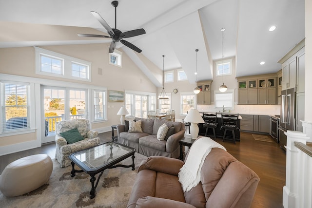 living room with high vaulted ceiling, dark wood-type flooring, sink, and ceiling fan