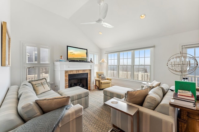 3005 Shore Dr, Cape May Beach, NJ 08251 - carpeted living room featuring recessed lighting, a fireplace, high vaulted ceiling, and a ceiling fan