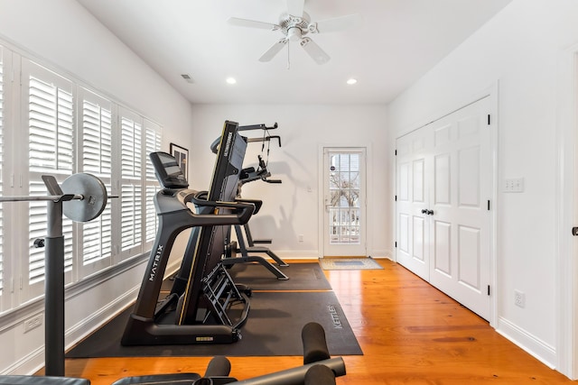 3005 Shore Dr, Cape May Beach, NJ 08251 - workout room with visible vents, baseboards, a ceiling fan, recessed lighting, and wood finished floors