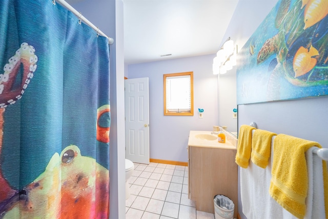 bathroom featuring a shower with curtain, toilet, tile patterned floors, and vanity