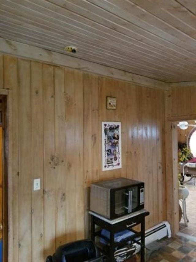 interior space with wood ceiling and wood walls