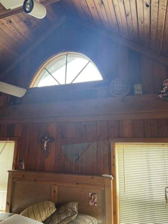 details featuring wooden ceiling and wooden walls