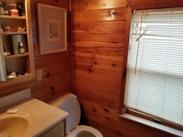 bathroom with toilet, wooden walls, and vanity