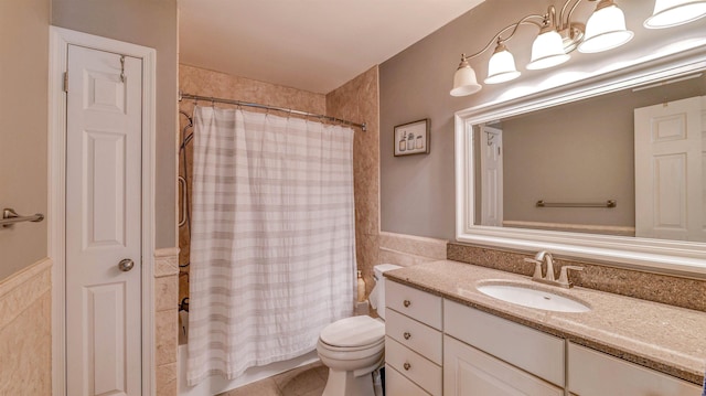 13 Mooring Cir, Seaville, NJ 08230 - full bath with tile walls, vanity, shower / bath combination with curtain, wainscoting, and tile patterned floors
