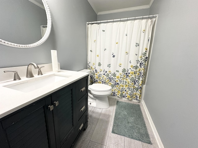 49 Hope Corson Rd, Ocean View, NJ 08230 - bathroom featuring toilet, crown molding, vanity, wood finished floors, and a shower with shower curtain