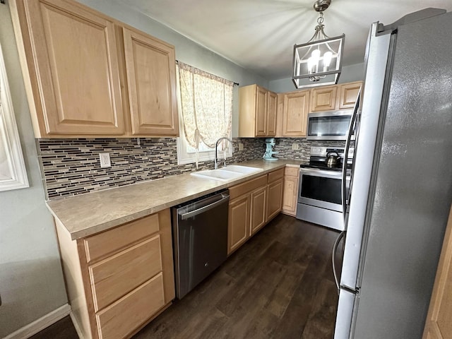 49 Hope Corson Rd, Ocean View, NJ 08230 - kitchen with stainless steel appliances, light brown cabinetry, a sink, dark wood-style flooring, and light countertops