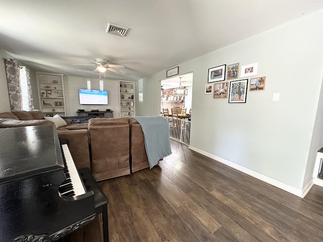 49 Hope Corson Rd, Ocean View, NJ 08230 - living area with a ceiling fan, dark wood-type flooring, baseboards, and built in features