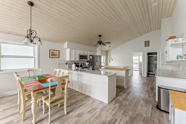 25 81st St W, Unit West, Sea Isle City, NJ 08243 - kitchen with open shelves, a peninsula, butcher block countertops, wood ceiling, and stainless steel appliances