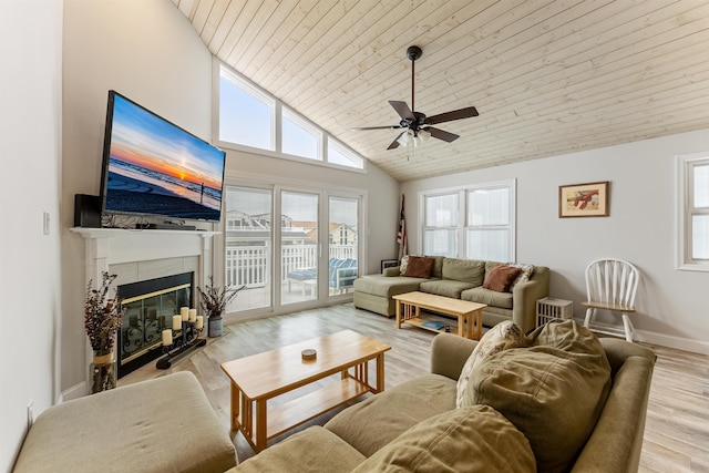 25 81st St W, Unit West, Sea Isle City, NJ 08243 - living room with ceiling fan, a tiled fireplace, wooden ceiling, high vaulted ceiling, and light wood finished floors