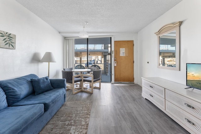 living room featuring dark wood-type flooring, plenty of natural light, and a textured ceiling