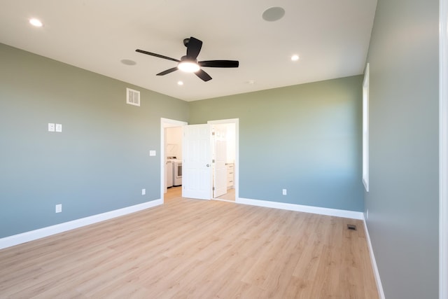 empty room with recessed lighting, a ceiling fan, visible vents, baseboards, and light wood-type flooring