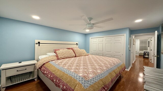 351 96th St Unit 209, Stone Harbor, NJ 08247 - bedroom with a closet, dark wood-type flooring, recessed lighting, ceiling fan, and baseboards