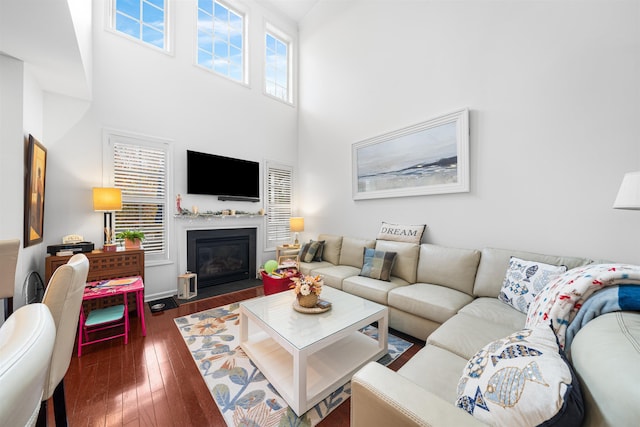 living room featuring dark hardwood / wood-style floors and a towering ceiling