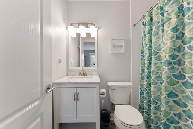 bathroom featuring vanity, toilet, and a shower with shower curtain