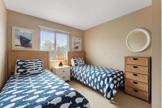 bedroom with light colored carpet