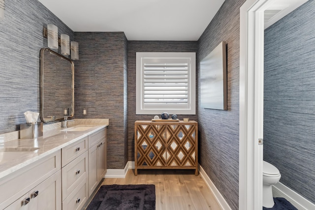 bathroom with hardwood / wood-style flooring, vanity, and toilet