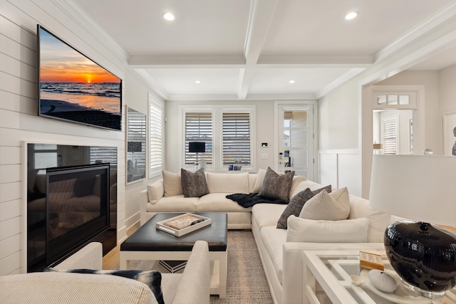 living room featuring beam ceiling, crown molding, and coffered ceiling