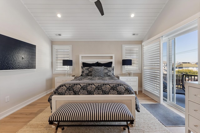 bedroom with ceiling fan, light wood-type flooring, access to outside, and vaulted ceiling