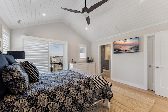 bedroom with multiple windows, ceiling fan, and wood ceiling