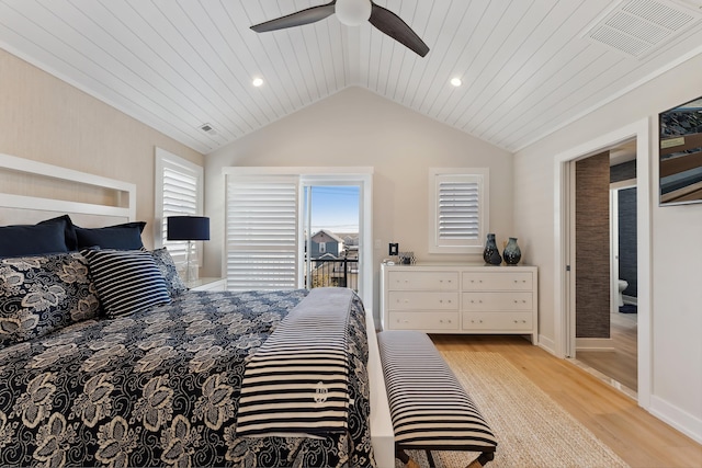 bedroom with light wood-type flooring, access to outside, vaulted ceiling, ceiling fan, and wooden ceiling