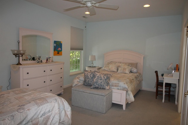 bedroom with ceiling fan, baseboards, carpet flooring, and recessed lighting