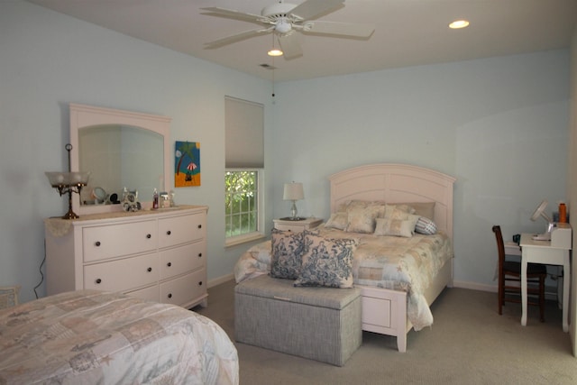 carpeted bedroom with visible vents, baseboards, ceiling fan, and recessed lighting