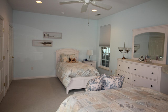 bedroom with carpet, baseboards, ceiling fan, and recessed lighting