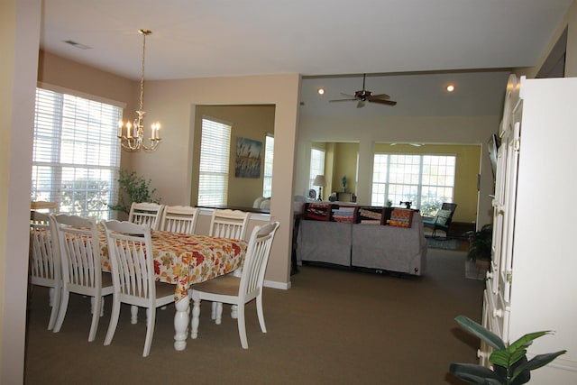 dining room featuring recessed lighting, carpet flooring, visible vents, and ceiling fan with notable chandelier