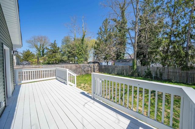wooden terrace featuring a lawn and a fenced backyard