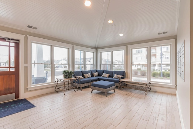 sunroom with wood ceiling