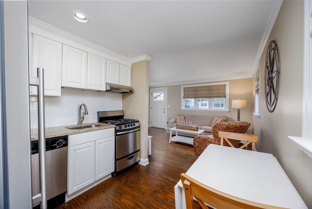 kitchen featuring tasteful backsplash, appliances with stainless steel finishes, open floor plan, a sink, and under cabinet range hood